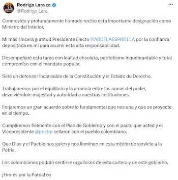 Rodrigo Lara agradeció al presidente electo Abelardo De la Espriella por la confianza y aseguró que ejercerá el cargo con compromiso institucional. - crédito @Rodrigo_Lara_/x