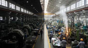 Vista dividida de una fábrica: lado izquierdo oscuro con máquinas paradas, lado derecho brillante con trabajadores y maquinaria en funcionamiento, con chispas.