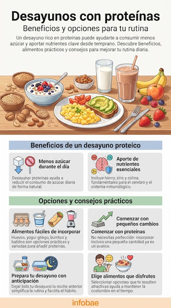 Infografía con el título 'Desayunos con proteínas', que muestra beneficios y opciones prácticas, con iconos de alimentos, nutrientes y el logo de Infobae.