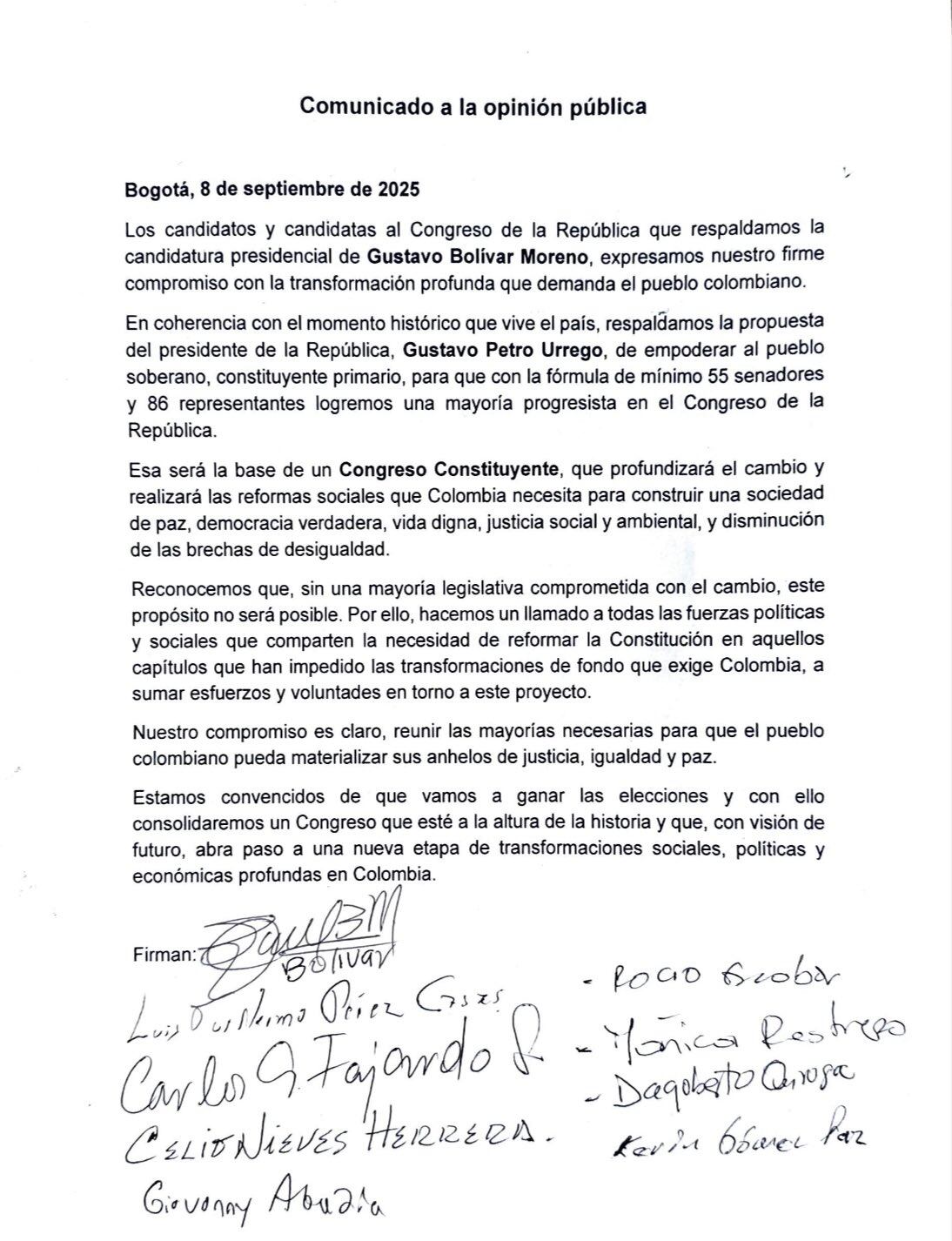 Los precandidatos al Congreso respaldaron la convocatoria a una Asamblea Constituyente - crédito @GustavoBolivar/x