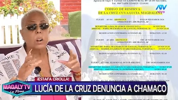 Lucía de la Cruz hablando ante la cámara junto a un documento de reserva de vuelos en una transmisión del programa Magaly TV La Firme