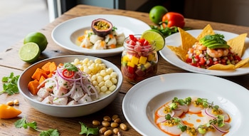 Cinco platos de ceviche diferentes, limas, un pimiento amarillo, granos de maíz tostados, cilantro fresco y un pimiento rojo sobre una mesa de madera.