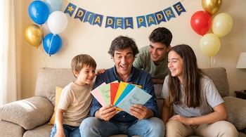 Padre con cabello oscuro sostiene cartas de colores de sus tres hijos sonrientes, en una sala con decoración de "Día del Padre" y globos.