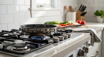Sartén de metal pulido sobre quemador de estufa de gas encendido en una cocina moderna. Verduras picadas y utensilios se ven al fondo.