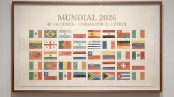 Una pintura en acuarela enmarcada muestra 48 banderas nacionales dispuestas en filas sobre un fondo beige, con el texto 'MUNDIAL 2026 48 NACIONES - UNIDAS POR EL FÚTBOL' en la parte superior.