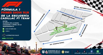 Infografía con un mapa vial del Paseo de la Reforma, un automóvil de carreras, logotipos institucionales y rutas alternas en la Ciudad de México