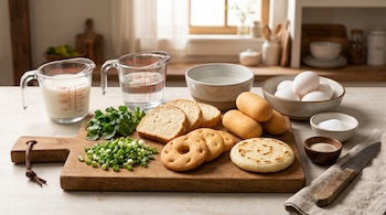 Ingredientes de cocina en una tabla de picar y tazones sobre una encimera. Incluye leche, agua, huevos, cebolla verde, cilantro, pan, calados, almojábanas y arepa.