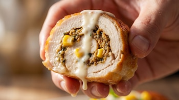 Primer plano de una mano sosteniendo una rodaja de arrollado de pollo dorado con relleno de choclo y salsa blanca que se escurre, fondo desenfocado.