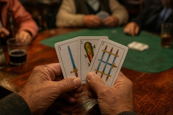 Manos de un hombre sosteniendo tres cartas españolas, el as de espadas, el as de bastos y el siete de espadas, sobre una mesa de madera.