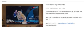 Karol G actuará en el escenario principal el domingo 12 de abril a las 9:55 p.m. hora de California, 11:55 p.m. en Colombia, con transmisión en vivo por YouTube - crédito Coachella / YouTube