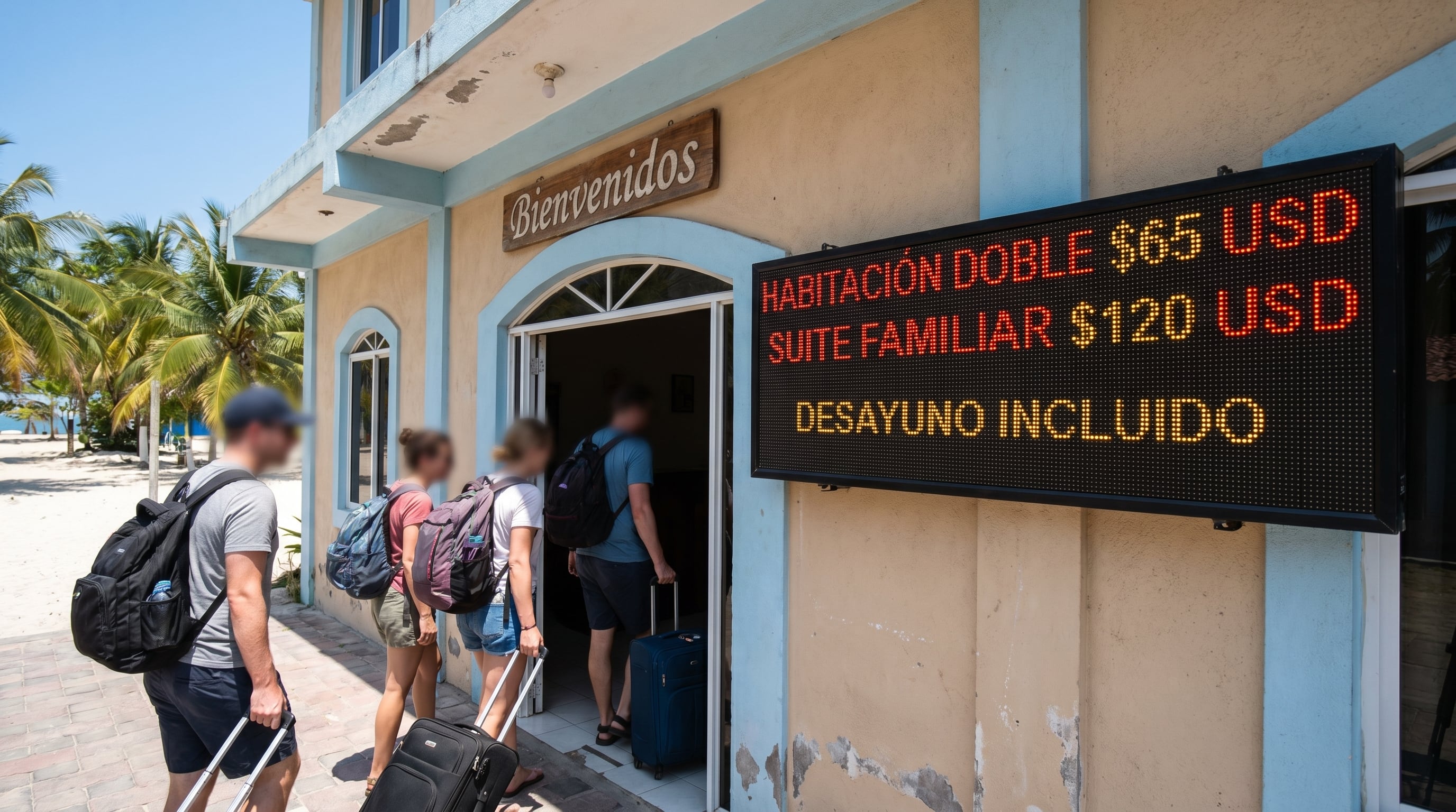 Un grupo de turistas entra a un hotel en un destino tropical, donde una pantalla digital muestra los precios de las habitaciones. (Imagen Ilustrativa Infobae)