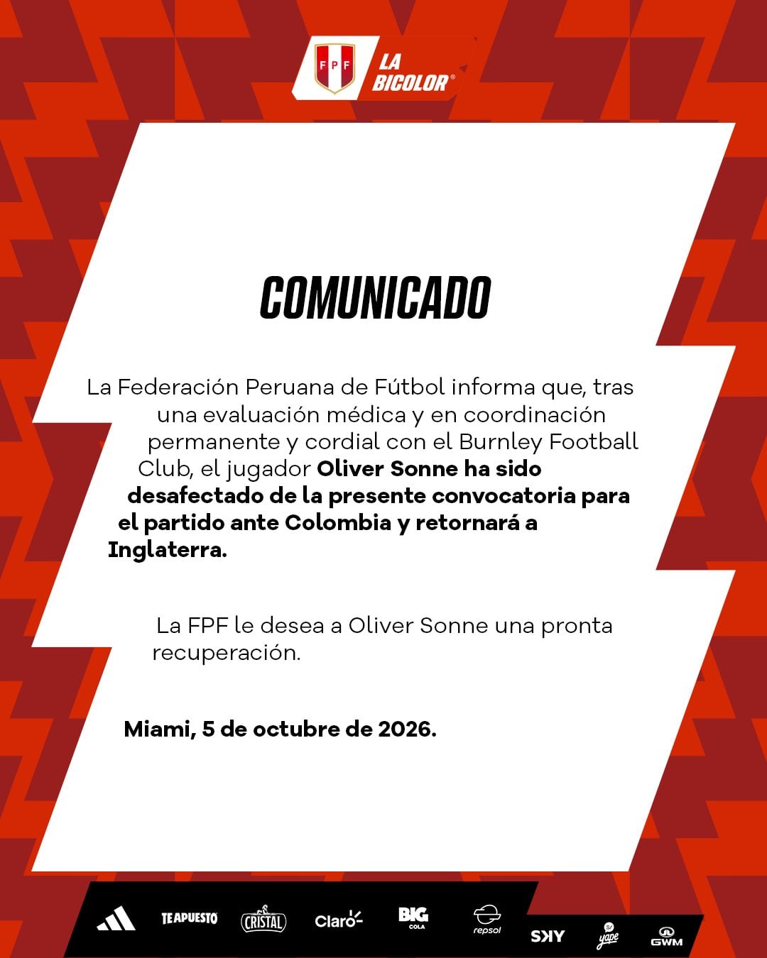 FPF explicó que la desafectación de Oliver Sonne se produjo luego de una evaluación médica. Crédito: FPF