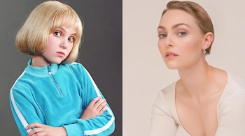 Imagen dividida: una niña rubia con sudadera azul a la izquierda; una mujer rubia con cabello corto y blusa clara a la derecha.