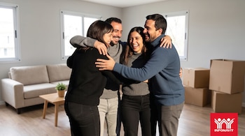Cuatro personas sonriendo y abrazándose en un apartamento con paredes claras, sofá, mesa con planta, cajas de mudanza, ventanas y el logo de Infonavit.