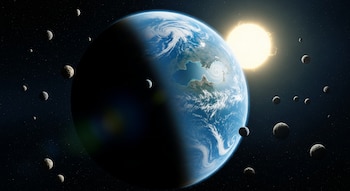 Planeta similar a la Tierra con océanos y nubes, parcialmente iluminado por una estrella amarilla brillante, rodeado por lunas pequeñas y otros cuerpos celestes en el espacio oscuro.