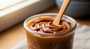 Frasco de vidrio transparente con dulce de leche de color marrón claro, con una cuchara de madera de mango largo insertada en el centro.