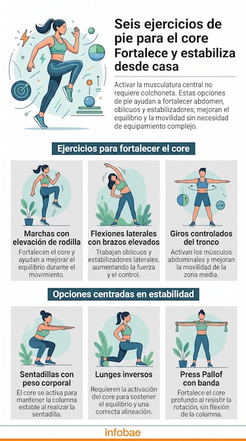 Infografía de Infobae con ilustraciones de personas realizando seis tipos de ejercicios físicos de pie y textos explicativos de cada uno.