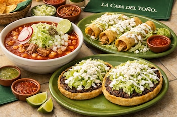 Un tazón de pozole, tres flautas, dos sopes con frijol y lechuga, varias salsas, totopos, limones y una servilleta de La Casa del Toño.