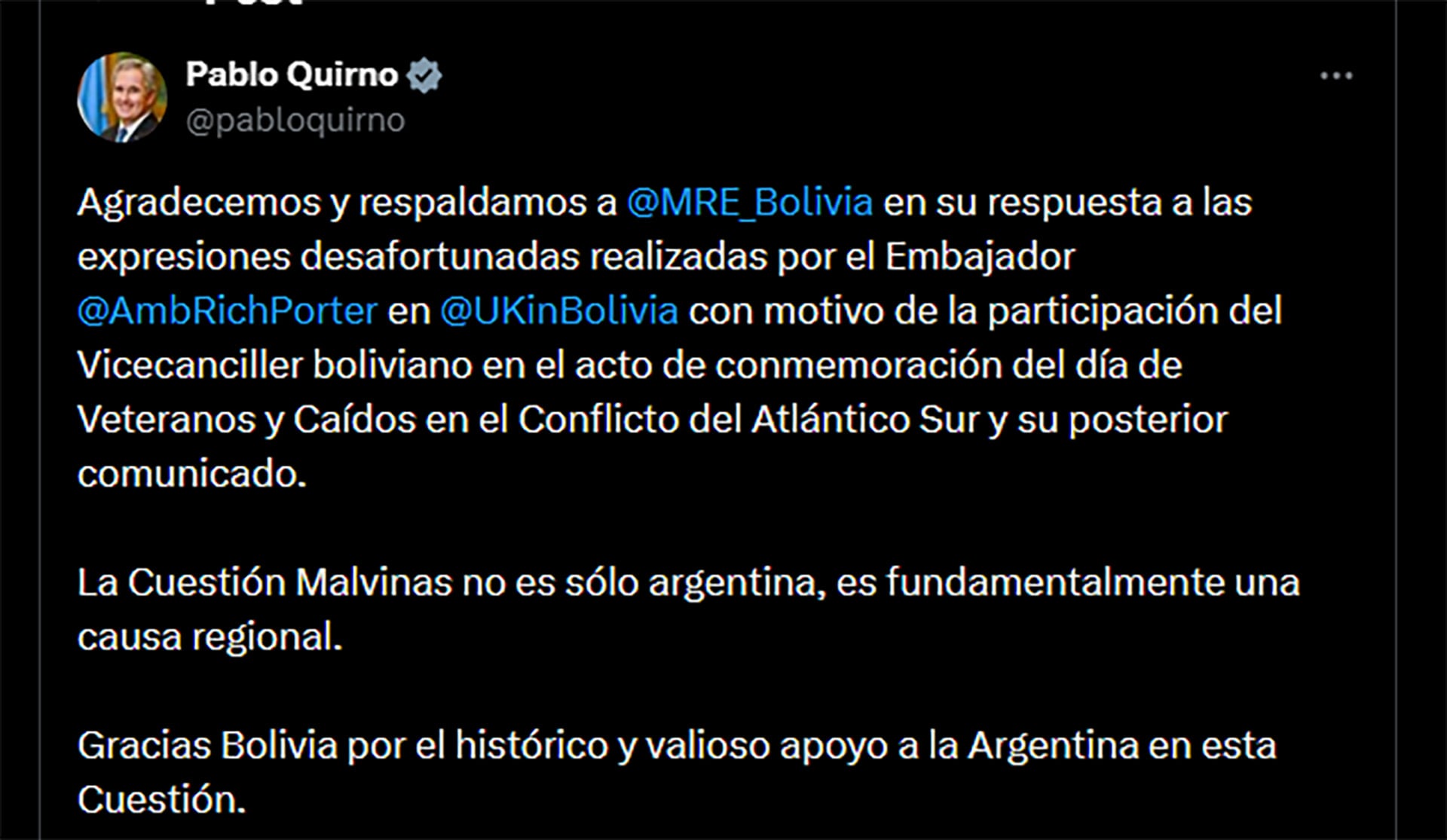 El diplomático argentino Pablo Quirno (@pabloquirno) agradeció a Bolivia su respaldo en la cuestión Malvinas, calificándola como una causa regional tras la polémica con el embajador británico en Bolivia.