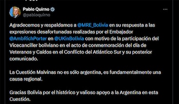 Captura de pantalla de un tuit de Pablo Quirno con su foto de perfil y nombre de usuario, mostrando texto blanco sobre un fondo negro