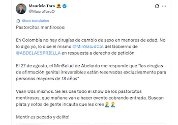 Mauricio Toro arremetió contra quienes denuncian cirugías de transición de género en menores de edad Colombia - crédito @MauroToroD/X