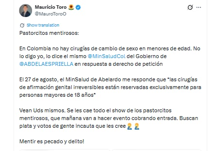 Mauricio Toro arremetió contra quienes denuncian cirugías de transición de género en menores de edad Colombia - crédito @MauroToroD/X