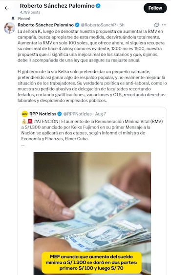 Captura de pantalla de un hilo de Twitter que incluye texto sobre el aumento del sueldo mínimo en Perú y una mano sosteniendo billetes de diez soles peruanos