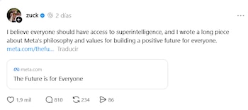 Captura de pantalla de una publicación de Mark Zuckerberg en red social. Incluye texto, enlace a Meta.com y métricas de interacción como "1,9 mil" me gusta