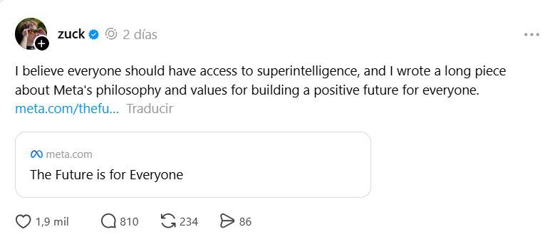 Zuckerberg sostiene que no habrá una superinteligencia única y benevolente, porque no existe un solo sistema de valores compartido. (Threads: zuck)