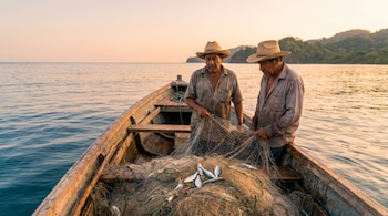 Dos hombres con sombreros en una lancha de madera sobre el mar, revisando redes con pocos peces. El agua y el cielo reflejan los tonos dorados y azules del amanecer.