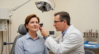 Un médico otorrinolaringólogo con bata blanca examina el oído de una mujer sentada con un otoscopio en un consultorio.