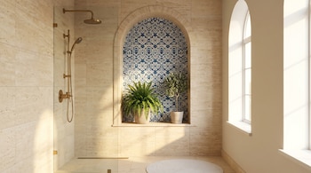 Baño luminoso con ducha de cristal y accesorios dorados, paredes de azulejos claros, alcoba con patrón azul y dos plantas, ventana arqueada y alfombra redonda.