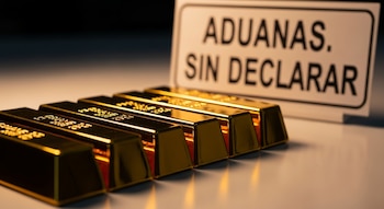 Varias barras de oro metálicas y brillantes se alinean sobre una superficie clara. Al fondo, un letrero blanco con texto negro indica 'Aduanas. Sin declarar'.