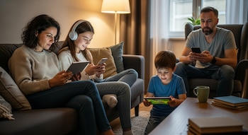 Una mujer, una adolescente con auriculares y un niño usan tabletas, mientras un hombre adulto usa un celular, todos sentados en una sala.