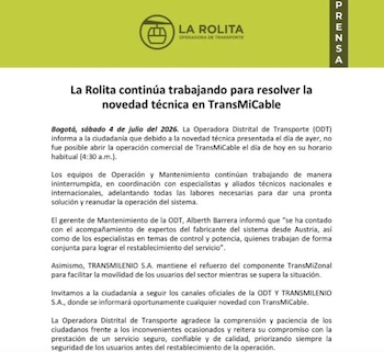 Miles de usuarios de TransMiCable en el sur de Bogotá amanecieron sin servicio y, para la mañana de este sábado 4 de julio de 2026, la contingencia ya acumulaba cerca de 28 horas - crédito @Rolitacable/X