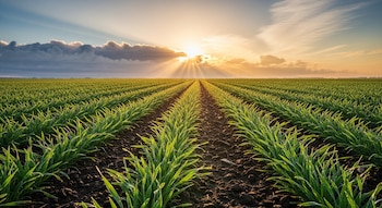 Campo agrícola con hileras de plantas verdes, suelo oscuro, sol naciente brillando entre nubes en el horizonte y cielo azul claro con nubes dispersas.
