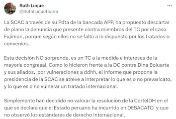 Ruth Luque cuestiona protección del Congreso con magistrados del TC que ordenaron la liberación de Alberto Fujimori en diciembre del 2023.