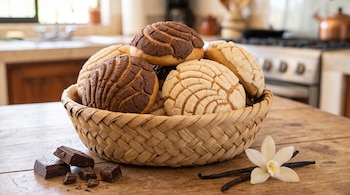 Canasta de palma con conchas de pan dulce sabor chocolate y vainilla sobre una mesa de madera, con trozos de chocolate, vainas y una flor de vainilla.