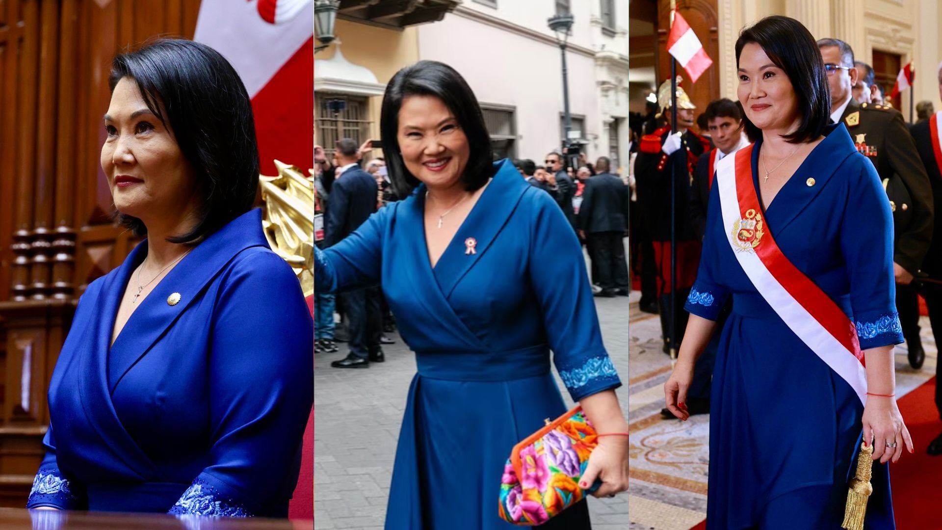 El análisis completo del look de Keiko Fujimori en su juramentación: vestido azul, labios rojos y un bolso multicolor