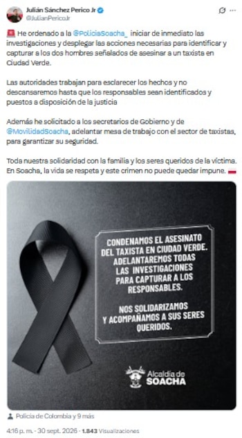 El alcalde Julián Sánchez Perico ordenó la captura de los responsables y solicitó una mesa de trabajo para reforzar la seguridad en Soacha - crédito @JulianPericoJr/X