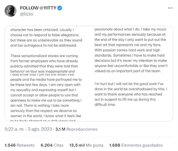Lizzo compartió un comunicado donde