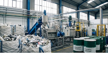 Vista panorámica de un almacén industrial con bolsas llenas de residuos plásticos, maquinaria de procesamiento metálica y bidones verdes de lubricante.