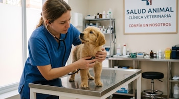 Una veterinaria con uniforme azul ausculta a un cachorro sobre una mesa metálica en una clínica.