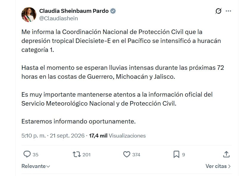 Claudia Sheinbaum pidió a la población mantenerse alerta por paso del Huracán Polo (X/ @Claudiashein)