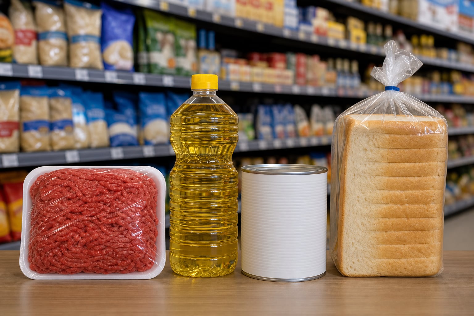 Los productos de la canasta básica que aún se mantienen bajo el control de precios: carne molida, aceite, leche y pan, se exhiben en un supermercado de Panamá. (Imagen Ilustrativa Infobae)