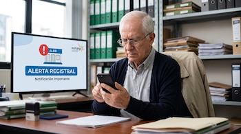 Un hombre mayor con anteojos utiliza su celular ante un monitor con el texto Alerta Registral y el logo de Sunarp.