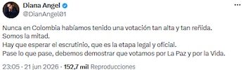 Diana Ángel resalta la participación y la paridad en la elección presidencial de Colombia - crédito @DianAngel01/X