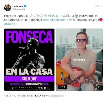 El 14 de octubre de 2026 Fonseca anunció que se vendió toda la boletería para su concierto en el estadio 'El Campín' - crédito @Fonseca/X
