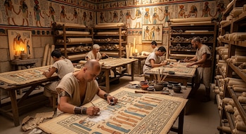 Interior de un scriptorium egipcio recreado con cinco hombres trabajando en grandes papiros sobre mesas de madera. Estanterías llenas de rollos de papiro y paredes con pinturas funerarias.