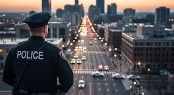 Oficial de policía de espaldas con uniforme y gorra, la palabra POLICE en su chaqueta, observa una ciudad con edificios, avenidas, vehículos y luces al amanecer.